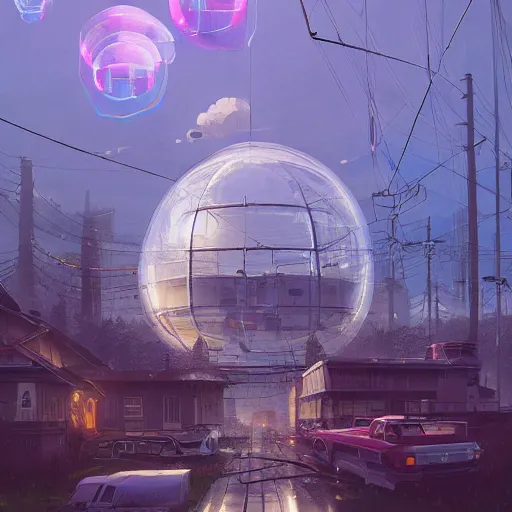 Image similar to A city trapped in a giant transparent dome, bubbles, cinematic lighting, insanely detailed, intricate, artstation, cgsociety, painted by Simon Stalenhag, concept art, illustration, sharp focus,