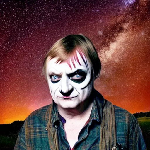 Image similar to mark e smith in juggalo makeup, gorgeous landscape background with the milky way in the sky