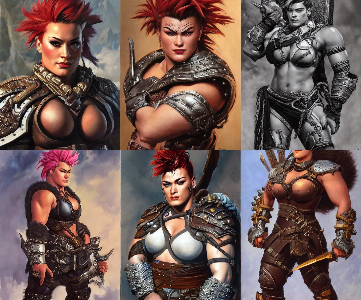 Prompt: detailed portrait of Zarya from overwatch as a powerful fantasy barbarian wearing leather armor, intricate, hyper detailed, realistic, oil painting, by larry elmore, frank frazetta, cinematic lighting