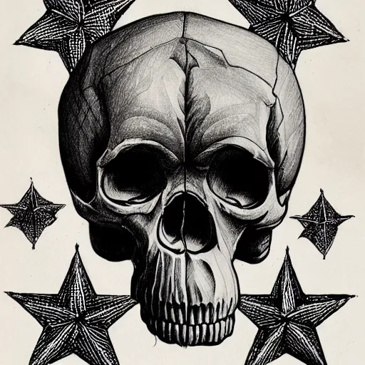 Image similar to a humanoid chimp skull hovering over a star pattern, 2 handguns are crossing in the middle of the picture ultra detailed, fine line pen drawing on parchment, symmetrical, stylish