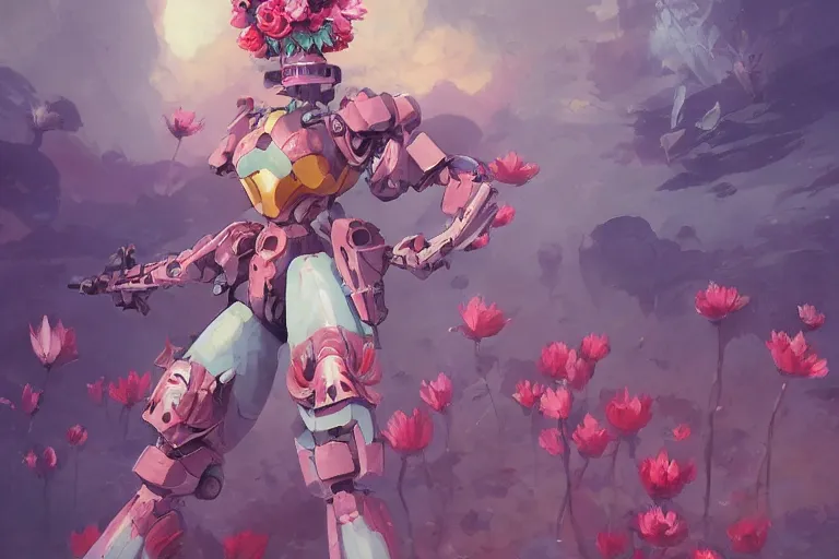 Image similar to flower headed combat mecha whose top half is shaped like a waterlily, bandai box art, behance hd artstation by jesper ejsing, rhads, makoto shinkai, lois van baarle, ilya kuvshinov, ossdraws, laurie greasley, victo ngai, andreas rocha, gundam box art
