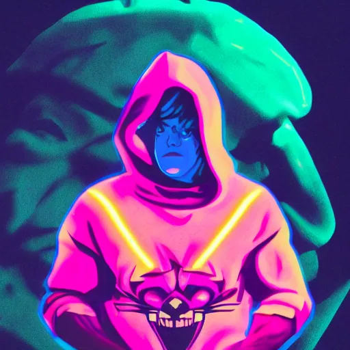 Prompt: he - man in hoodie, portrait, vaporwave, synthwave, neon, vector graphics, cinematic, volumetric lighting, f 8 aperture, cinematic eastman 5 3 8 4 film