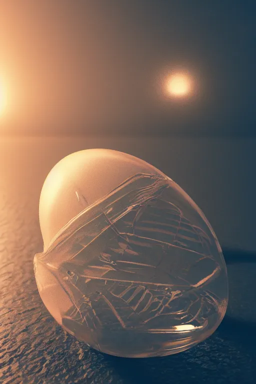 Prompt: photoreal render of transparent cthulhu egg, presented nicely, rendered in octane, realistic, film grain, 3 5 mm, 1 6 0 0 iso, sony a 7 riv, 8 k, unreal engine, wind, mythical, surrounded by mist, surreal moody background