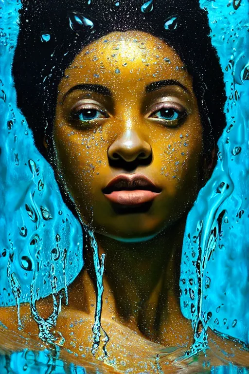 Image similar to photo realistic precisionist cinematic very expressive! oshun goddess, in water! john everett millais, mirror dripping droplet!, gold flowers, highly detailed face, digital art masterpiece, smooth eric zener cam de leon, dramatic pearlescent turquoise light on one side, low angle uhd 8 k, shallow depth of field