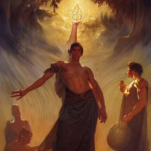 Image similar to attractive male deity casts dark spell, summoning handsome lucifer morningstar. highly detailed painting by gaston bussiere, craig mullins, j. c. leyendecker 8 k