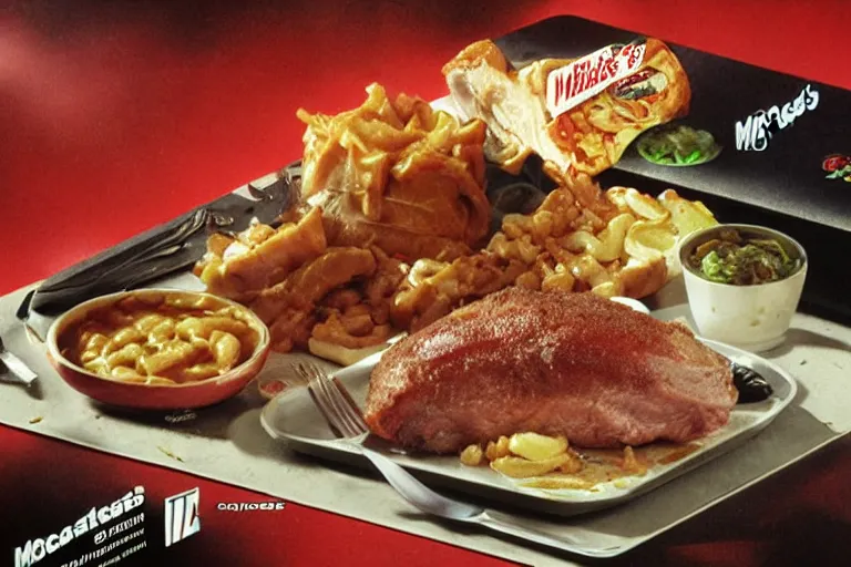 Image similar to mcdonald's roast pork meal, in 1 9 9 5, y 2 k cybercore, advertisement photo. artwork by craig mullins