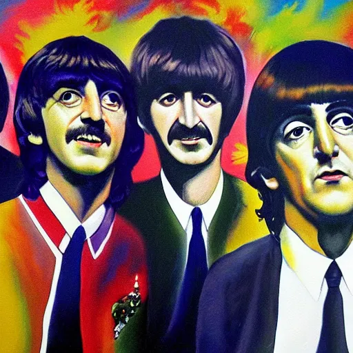 Image similar to a surreal paiting of the beatles