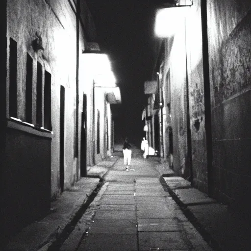 Image similar to a creepy iphone camera photograph of a dark alleyway in west philadelphia at night, with a college - aged woman in the distance. girl in the photo wearing a navy hoodie. directed by david lynch, full color