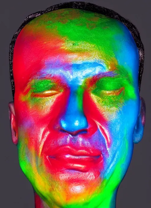 Image similar to a photorealistic portrait of a man made of rainbow wax that is melting subsurface scattering