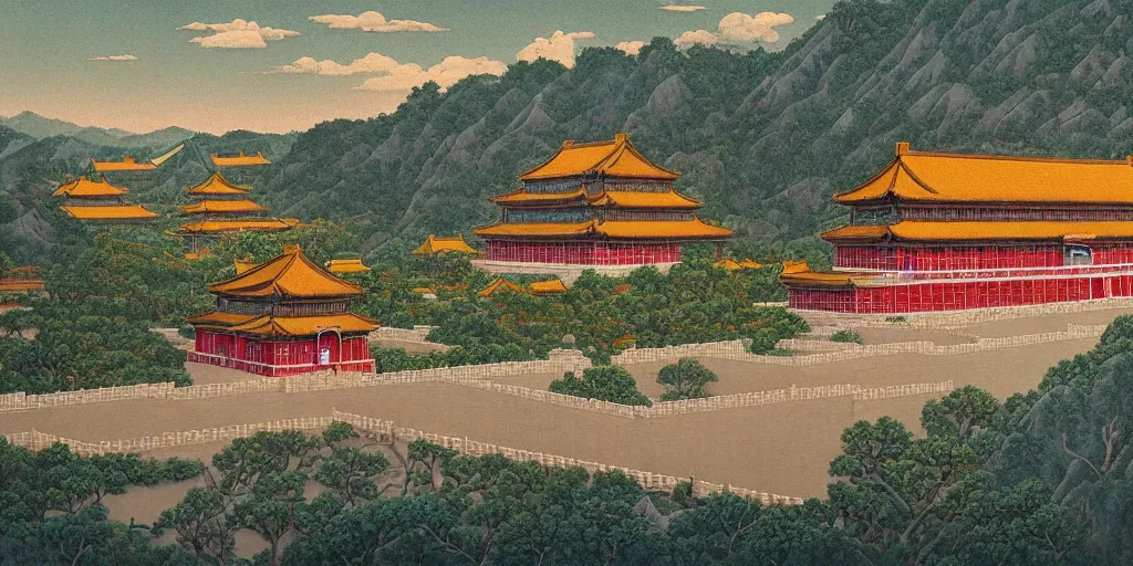 Image similar to forbidden city on the cliff, 4 k, wide - angle lens ， cinematic ， painting by wes anderson and hasui kause and scott listfield maxfield parrish