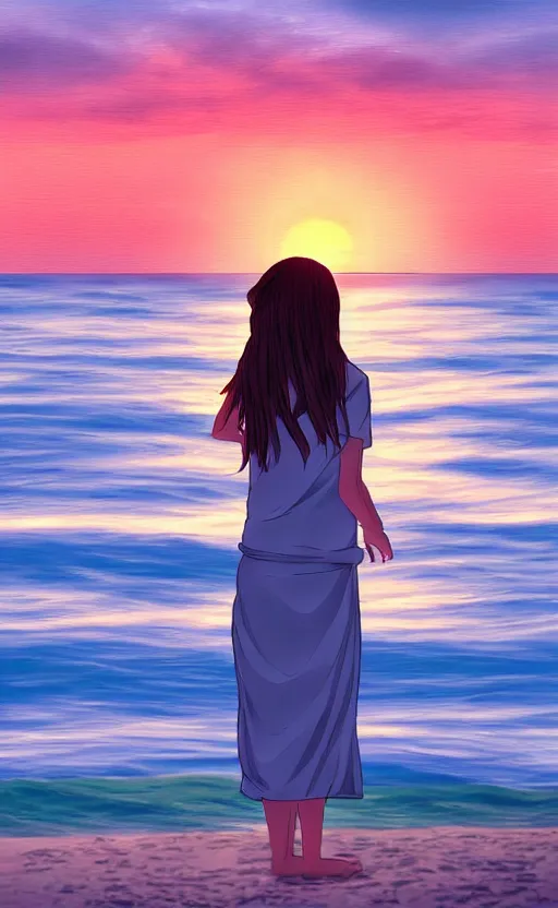 Image similar to woman looking at the sea on the beach during sunset, realistic shaded, highly detailed, anime, realistic