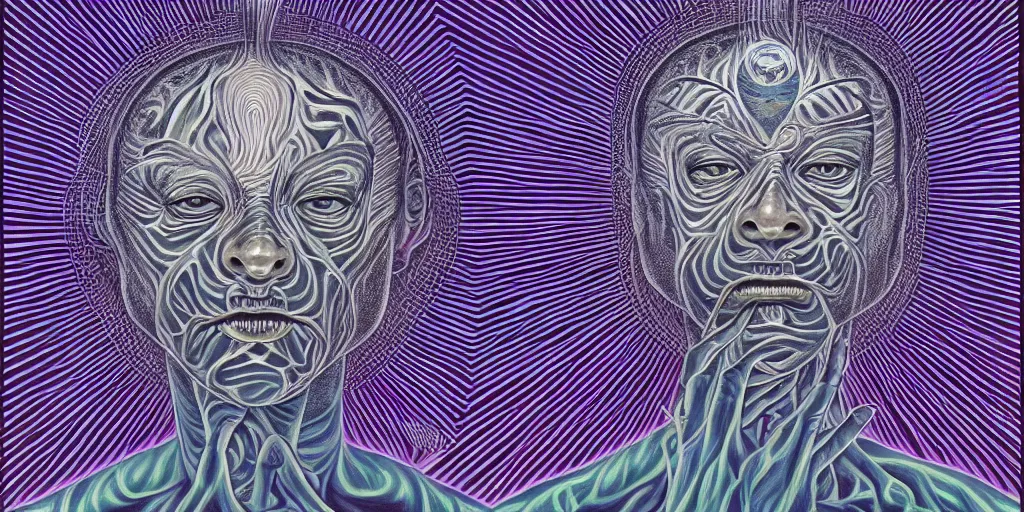 Prompt: a man with his third eye opening by alex grey