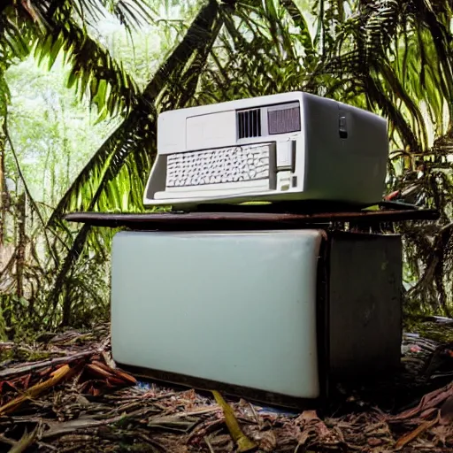 Prompt: an analog photo of an old abandoned ibm pc standing on a desk in the middle of the jungle