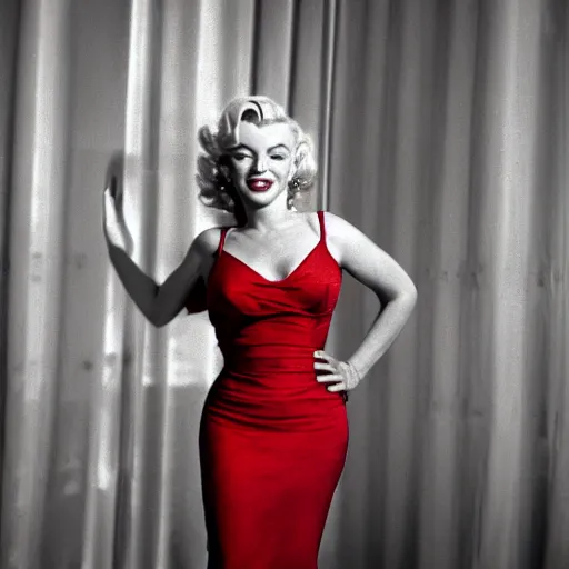 Image similar to Stunning studio photograph of Marilyn Monroe in a red dress smiling slightly for the camera, XF IQ4, f/1.4, ISO 200, 1/160s, 8K, RAW, unedited, symmetrical balance, in-frame, sharpened