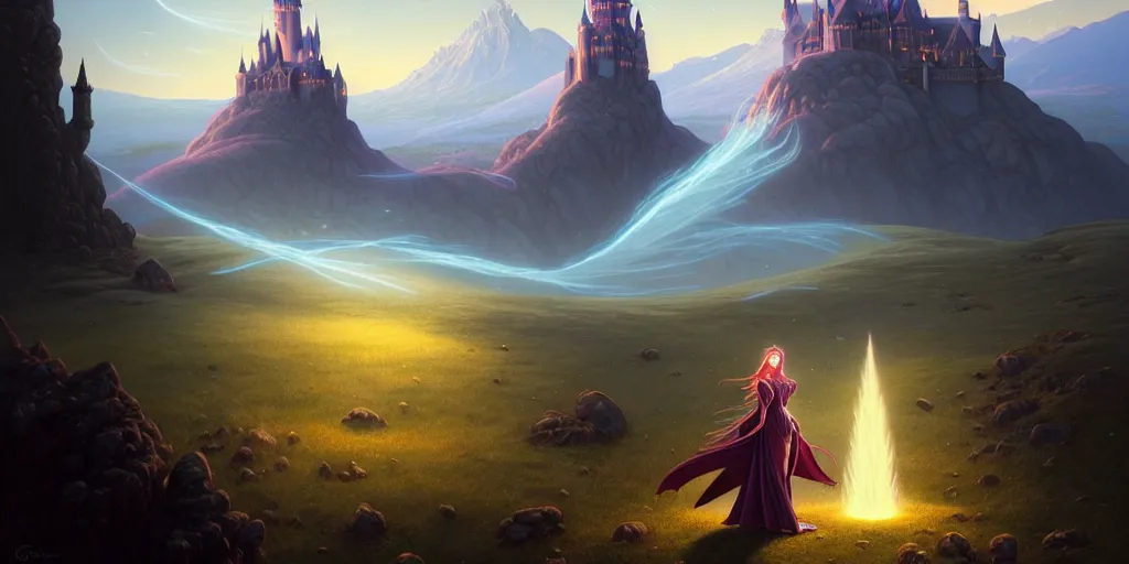 Image similar to a photo of a fantasy female wizard surrounded by magical particles stands on a hill. in the background on another hill stands a castle with mountains in the background, filled with magic, highly detailed, digital painting, artstation, smooth, sharp focus, illustration, art by artgerm and greg rutkowski and alphonse mucha