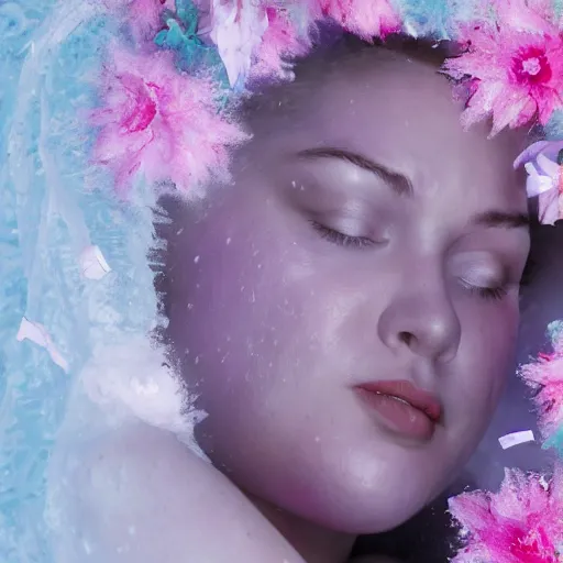 Image similar to the huge fat woman's head is on the in the closet, covered with ice and flowers. medium shot. beautiful colors, great lighting. fantastic movie scene. subsurface scattering shiny skin. beautiful lighting, 4 k post - processing, trending in art station, cg society, highly detailed, 5 k extremely detailed, 3 d. cinematic scene. sharp image.