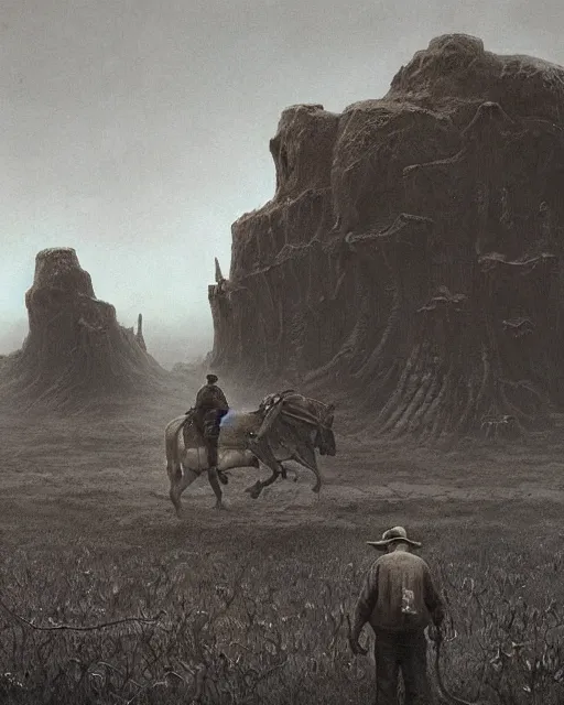 Prompt: cowboys vs lovecraftian monsters, vintage old, sepia, retrofuturism sci - fi old movie, highly detailed, photorealistic, 8 k, by beksinski and stalenhag