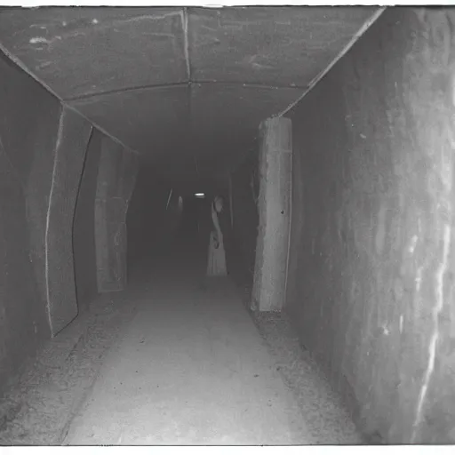 Image similar to a tall man shadow waiting at the end of a tunnel at night, found footage, 8 mm