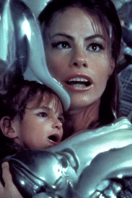 Prompt: film still of sofia vergara in the movie Alien, xenomorph holding sofia in a chokehold, sofia unconscious, cinematic shot, 4k.