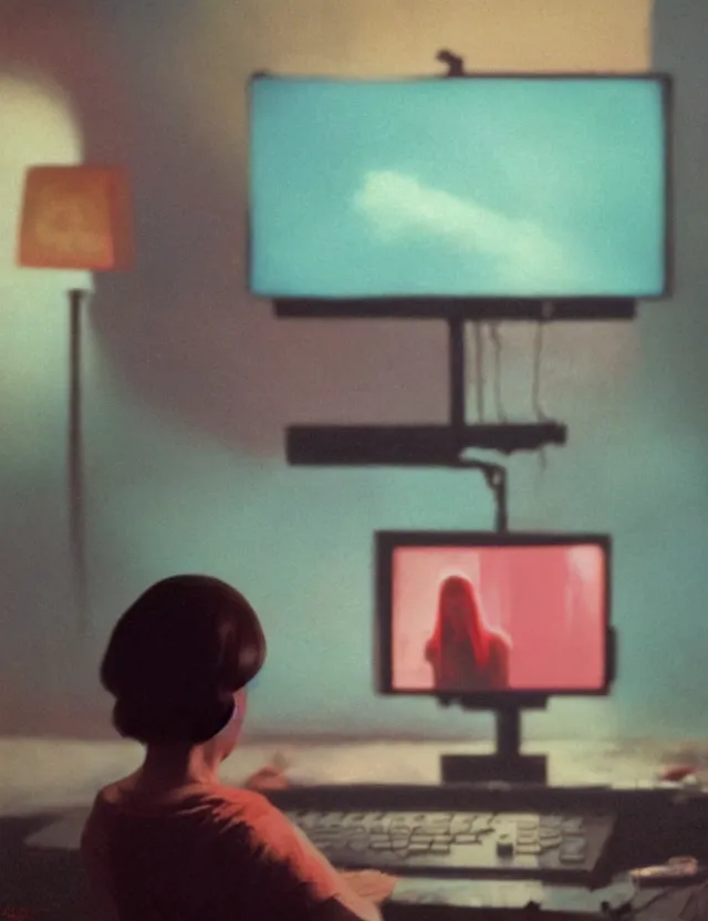 Image similar to woman playing computer games on tv in dark room, redshift, wide shot, coloured polaroid photograph, pastel, kodak film, hyper real, stunning moody cinematography, by maripol, fallen angels by wong kar - wai, style of suspiria and neon demon, david hockney, detailed, oil on canvas