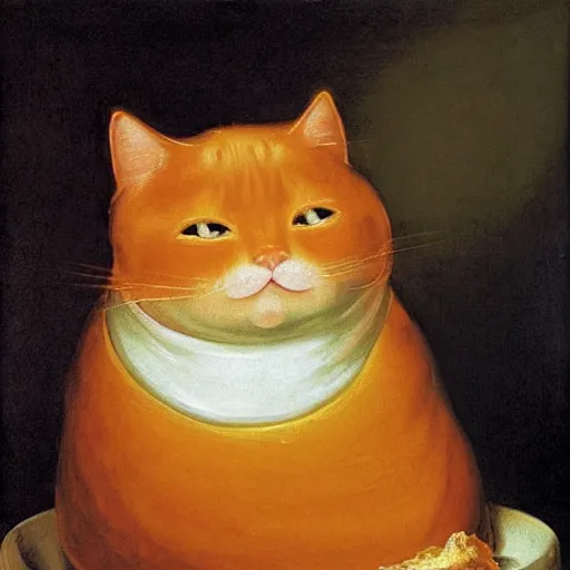 Image similar to realistic baroque painting of a giant fat orange tabby cat preparing to devouring a steaming hot lasagna, oil painting by goya, caravaggio, dramatic lighting, garfield by jim davis