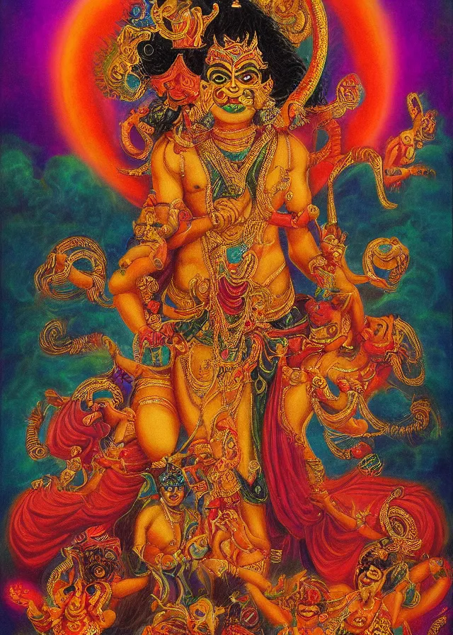 Image similar to Kali deva of the golden blood dance beloved deva, ethereal gnostic mist, award winning oil painting, chromatic aberration surreal colors