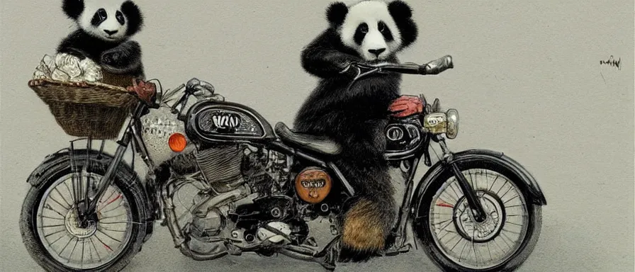 Prompt: Panda rides a motorcycle. Happy. Art by Augustus Edwin Mulready. Extremely detailed. Award winning.