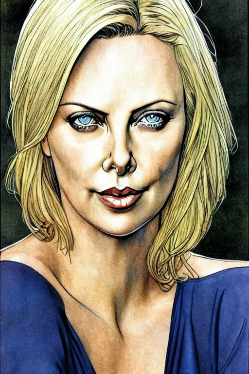 Prompt: realistic detailed full portrait of Charlize Theron by Milo manara