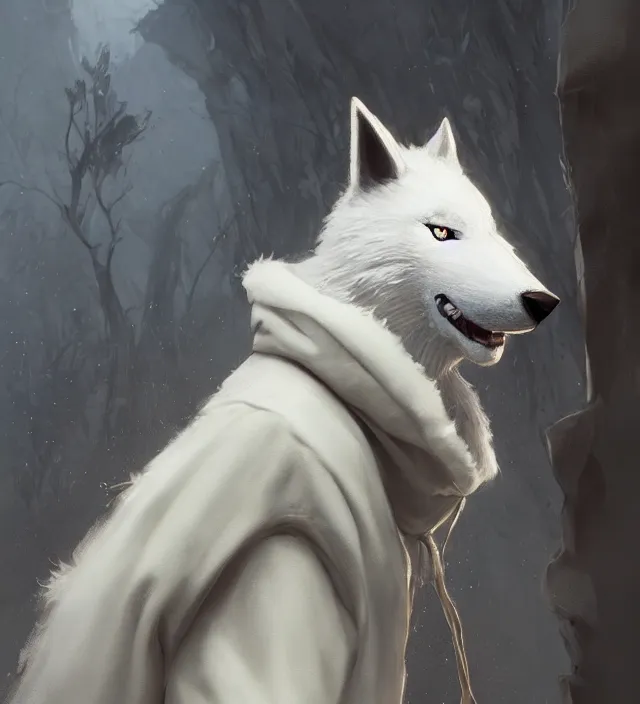 Image similar to a beautiful portrait of a handsome male anthropomorph white wolf furry fursona wearing a hoodie. character design by cory loftis, fenghua zhong, ryohei hase, ismail inceoglu and ruan jia. artstation, volumetric light, detailed, photorealistic, rendered in octane