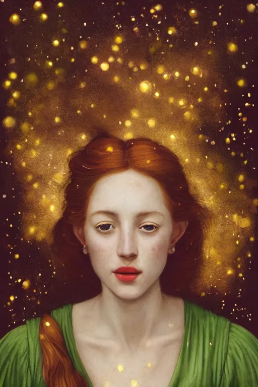 Prompt: a happy a young woman, among the lights of golden fireflies and nature, long loose red hair, intricate details, bright green eyes, freckles on the nose, round gentle face, full body portrait, sophisticated dress, golden ratio, high contrast, photorealistic digital art by artemisia lomi gentileschi and caravaggio and tomacz alen kopera.