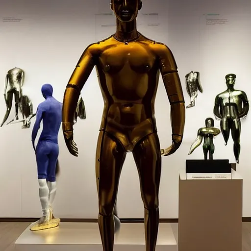 Image similar to “a realistic detailed photo of a guy who is an attractive humanoid who is half robot and half humanoid, who is a male android, British diver Jack Laugher & Chris Mears, shiny skin, posing like a statue, blank stare, at the museum, on display”