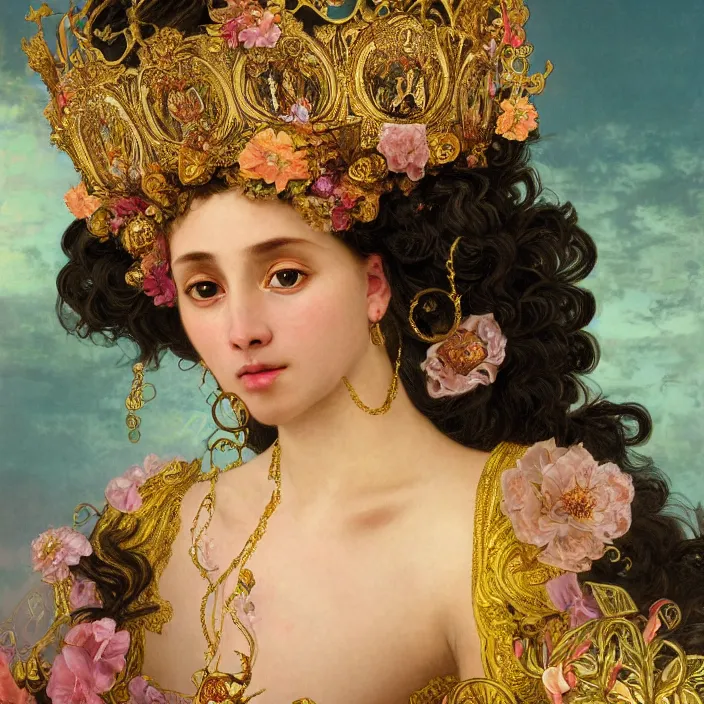 Image similar to highly detailed venetian rococo portrait of a black princess wearing a crown, golden jewels, pastel flowery background, volumetric lighting, flowers, fantasy, realistic, symmetrical face, digital illustration, art by krenz cushart, alphonse mucha, kehinde wiley, artem demura