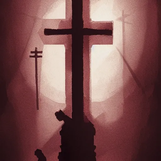 Image similar to shameless woman whis impudent facial expression, shadow of church cross, elegant, dark and mysterious, atmospheric, red, trending on artstation, highly detailed, digital painting, volumetric light, concept art, middle focus, illustration