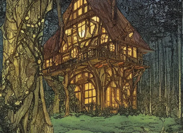 Prompt: house in a clearing in the middle of the forest, beautifully lit, steampunk, by rebecca guay, by francois schuiten