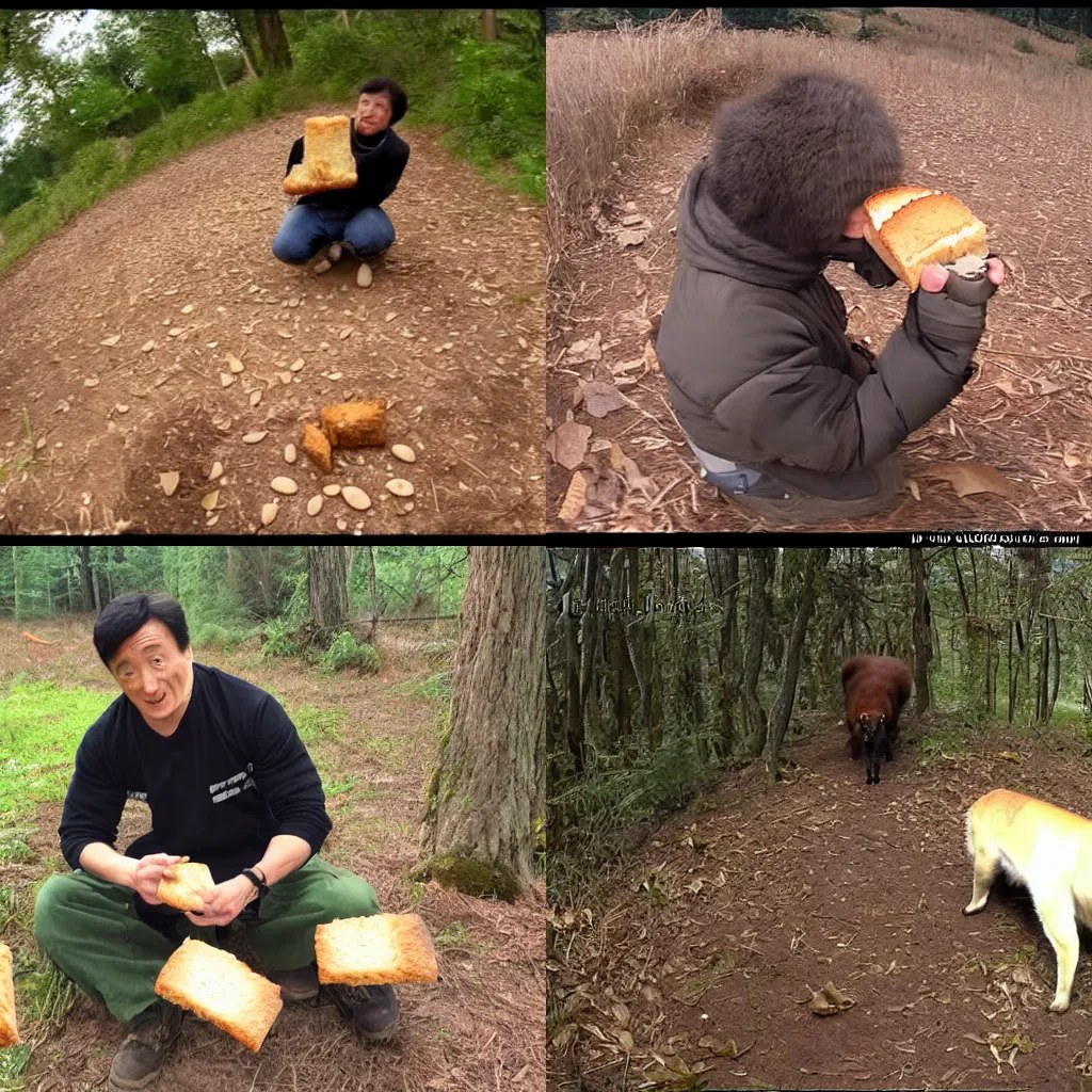 Prompt: trail cam footage of jackie chan eating bread