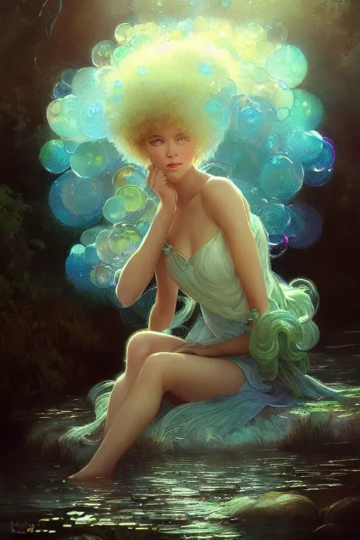 Prompt: bob ross, dreamy and ethereal,, fantasy, intricate, elegant, rainbow bubbles, highly detailed, digital painting, artstation, concept art, smooth, sharp focus, illustration, art by artgerm and greg rutkowski and alphonse mucha