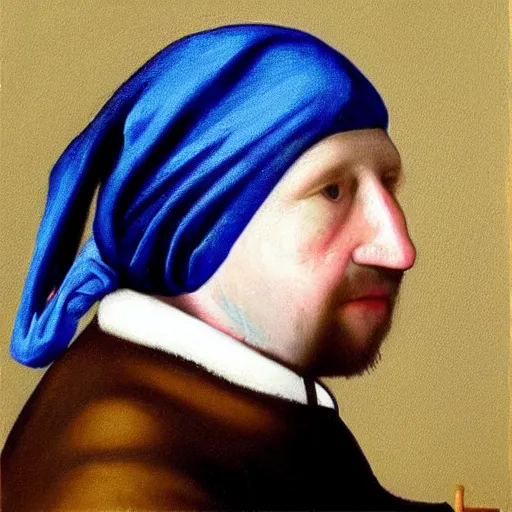 Prompt: Gabe Newell wearing a pearl earring, painting by Johannes Vermeer
