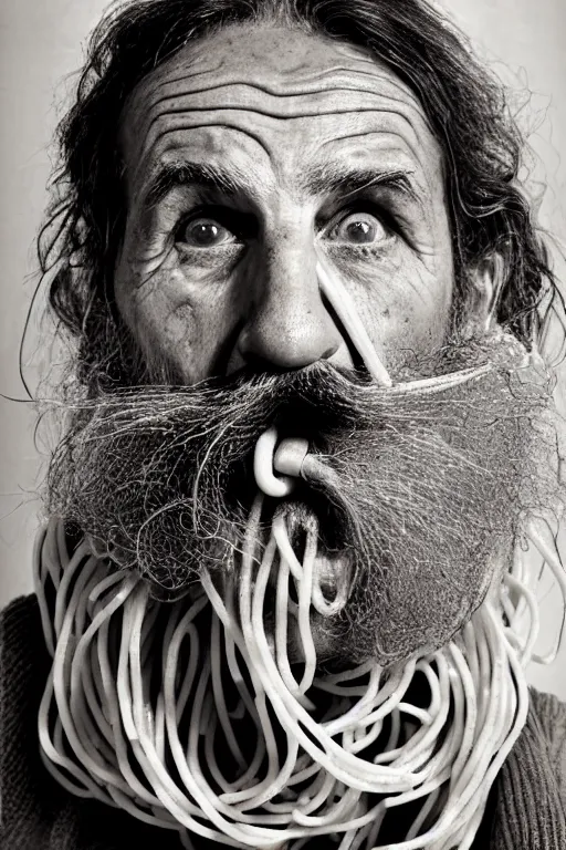 Image similar to extremely detailed portrait of old italian cook, spaghetti mustache, slurping spaghetti, spaghetti in the nostrils, spaghetti hair, spaghetti beard, huge surprised eyes, shocked expression, scarf made from spaghetti, full frame, award winning photo by eric lafforgue