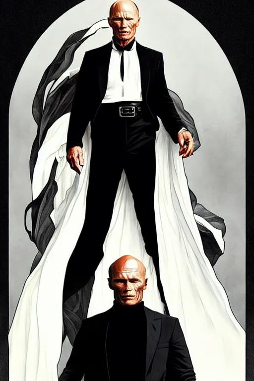 Image similar to ed harris as the man in black, westworld, wearing an all white outfit in the style of art by artgerm and greg rutkowski and alphonse mucha