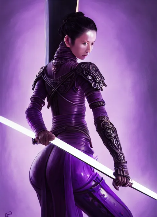 Image similar to back, behind, portrait of a woman in purple leather future armor with a long black ponytail, holding a katana with glowing purple runes carved into the katana, intricate, elegant, candle light, highly detailed, digital painting, artstation, concept art, smooth, sharp focus, illustration, art by wlop, mars ravelo and greg rutkowski