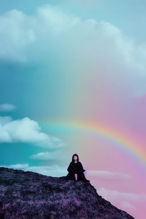 Prompt: high quality pastel coloured film photograph of a model wearing clothing resting on cloud furniture in a icelandic black rock environment in a partially haze filled dreamstate world. three point light, rainbow. photographic production. art directed. pastel colours. volumetric clouds. pastel gradient overlay. waves glitch artefacts. extreme facial clarity. 8 k. filmic.