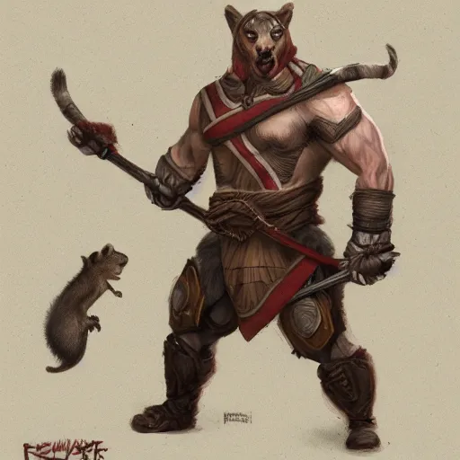 Image similar to a strong muscular valiant weasel wearing a fantasy ranger outfit, fighting against the invading mice, concept art, artstation, 4k