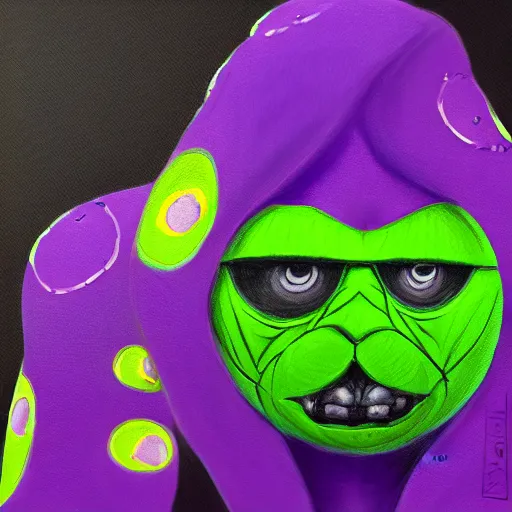 Image similar to a green tennis ball monster in a purple pimp coat, black and gold, digital art, fantasy, magic, chalk, trending on artstation, ultra detailed, professional illustration by basil gogos