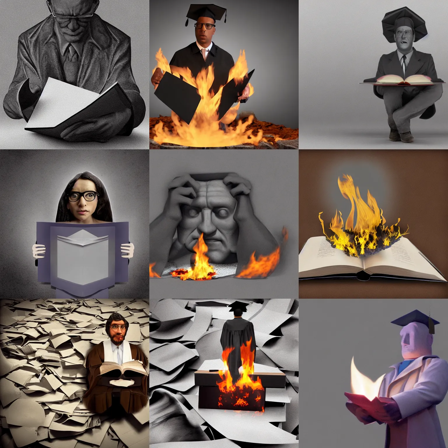 Prompt: 3d matte painting of Shocked Scholar holds burning academic paper