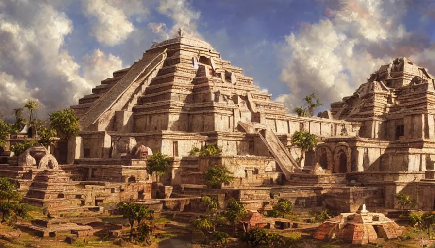 Image similar to excellent painted Aztec temples somewhere in Mexico with fluffy clouds, painted by Hans Fredrik Gude, Greg Rutkowksi, Craig Mullins and Artgerm, masterpiece, 4k, ultra realistic highly detailed oil painting