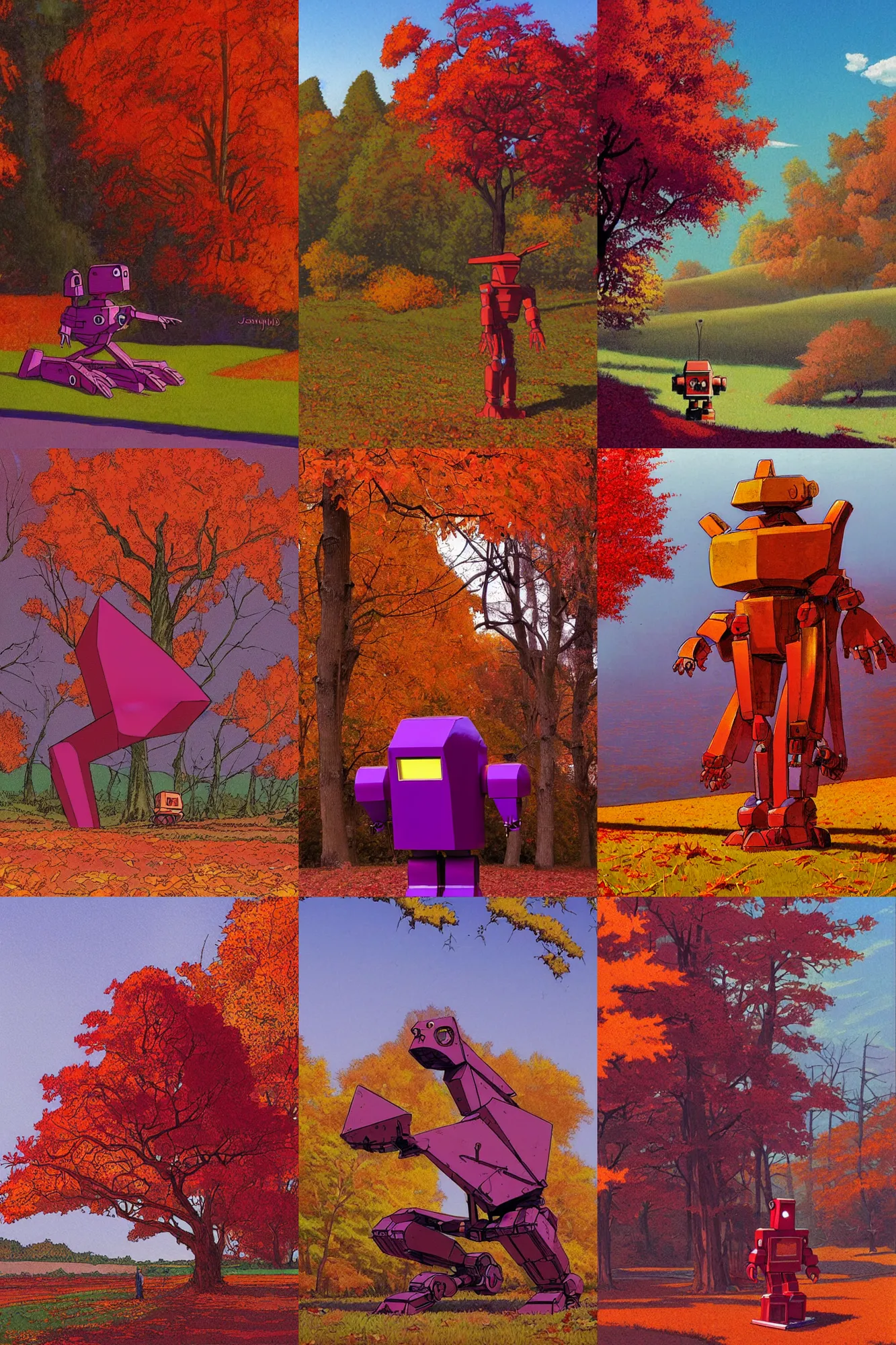 Prompt: Reddish-Purple angular robot in an autumn setting. concept art by James Gurney and Mœbius.