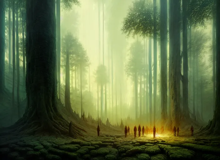 Image similar to the forest council, gods, environment, illustration, symmetrical, smoky, unreal engine, colors, epic scene, fantasy art by greg rutkowski, octane redner, golden raito, high quality, intricate details, highly details, intricate, atmosphere, highly detailed, matte painting, cinematic, deviantart, realistic, concept art, 4 k