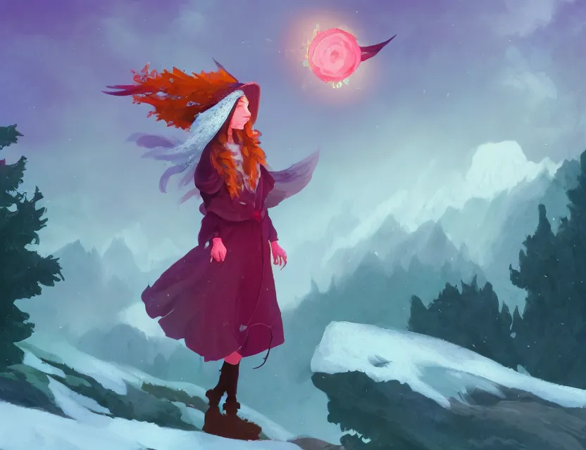 Prompt: bird witch girl in the flowering snowy mountains. complementary colors, indie concept art, luminescent, bloom, 4 k, chiaroscuro, backlighting.