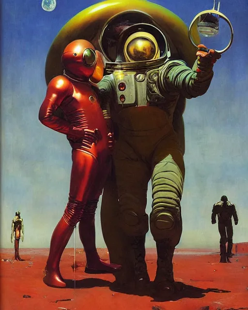 Prompt: pulp 5 0 s scifi cover, spaceman meets man from venus, painted by ruan jia, raymond swanland, lawrence alma tadema, zdzislaw beksinski, norman rockwell, jack kirby, tom lovell, alex malveda, greg staples