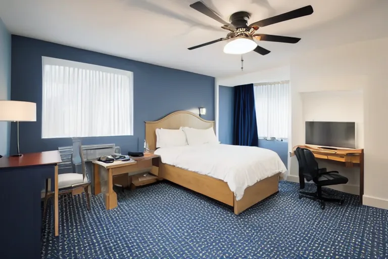 Image similar to a 10 by 11 foot old run down hotel room with white with a criss cross pattern in blue grey walls, white ceiling, navy blue carpet, a small bed, desk, two wooden wardrobes, a little side table in a light wood veneer, a window, desk fan, table light, and an old tube TV, and a ceiling fan gives off a dim orange light. Old